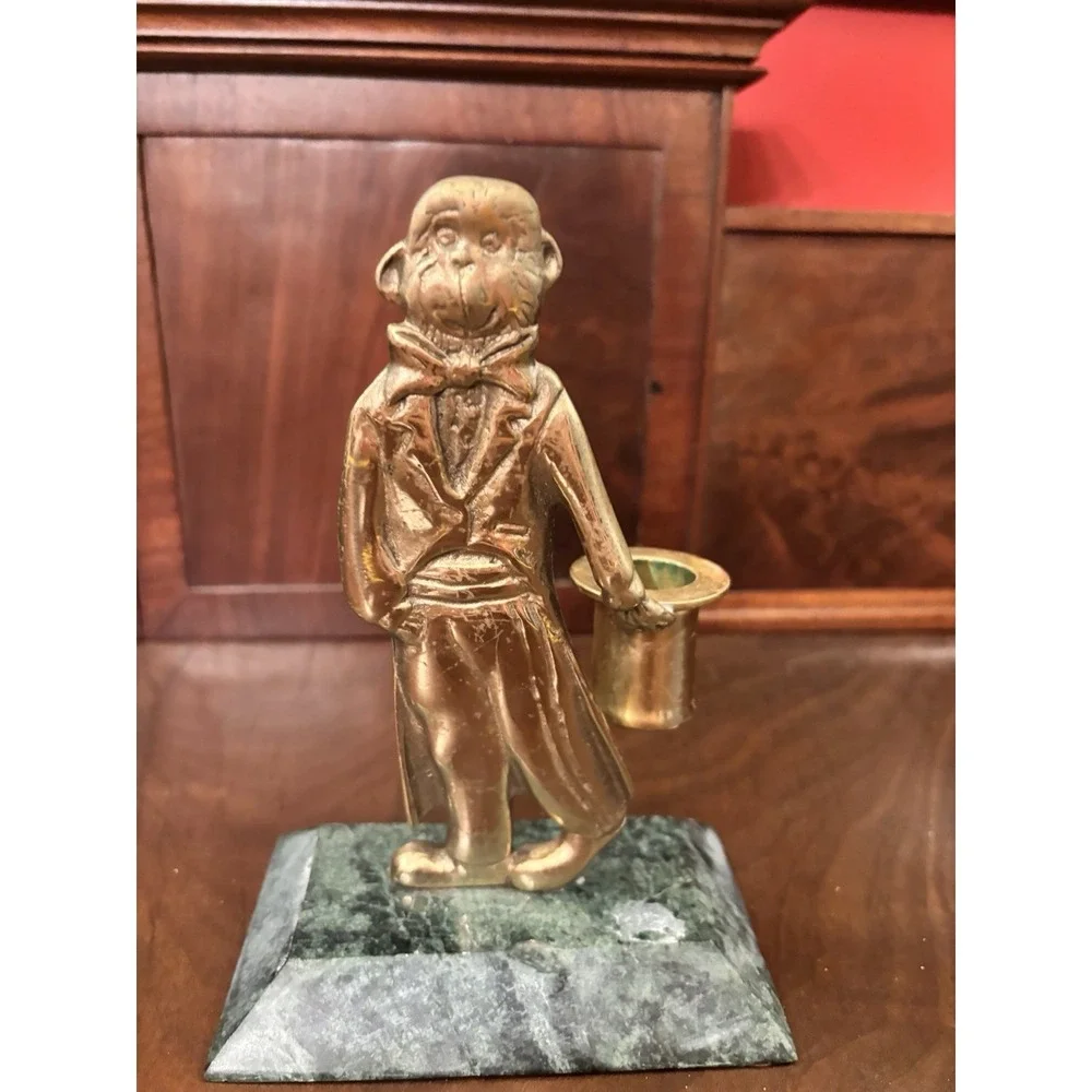 Vintage Brass Monkey Figural Candle‎ Holder Butler w/ Top Hat Marble Base 7